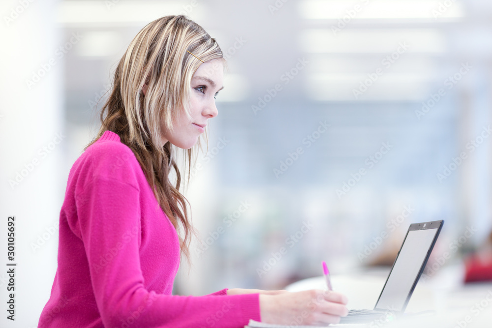 in the library - pretty female student with laptop and books in the library - pretty female student with laptop and books