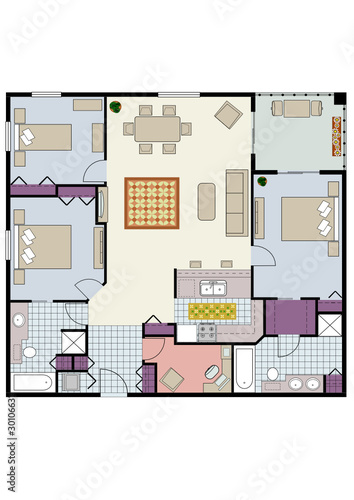 Floor plan of three-bedroom condo with den and furniture
