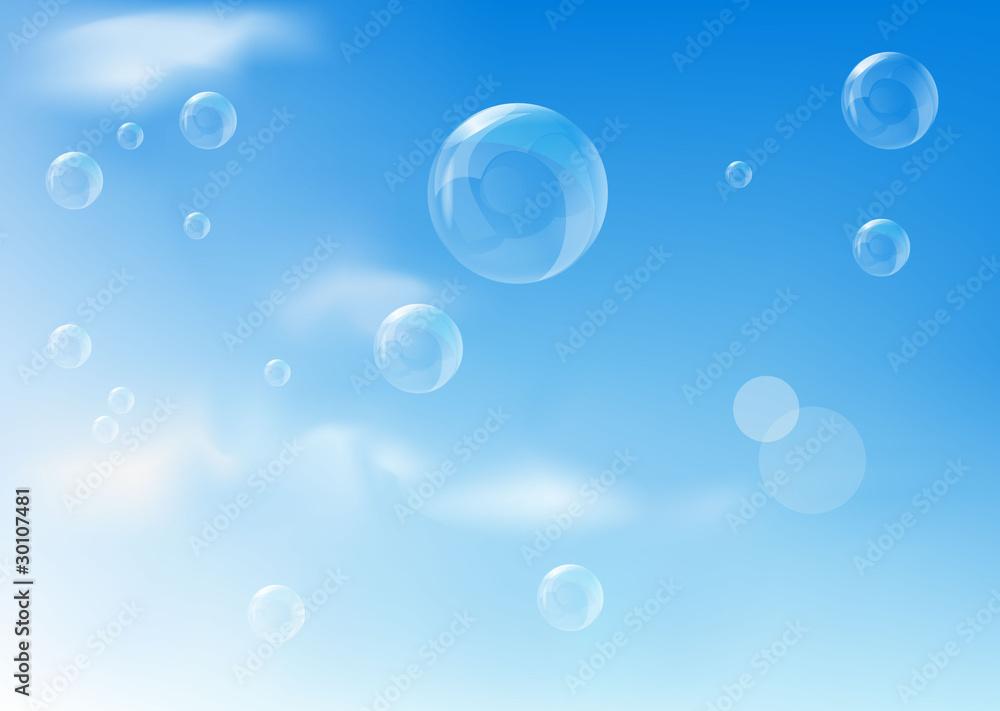 Blue background with realistic bubbles. Vector