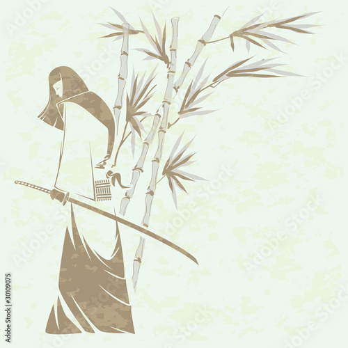 Girl samurai sword under the stalks of bamboo (Grunge removed)