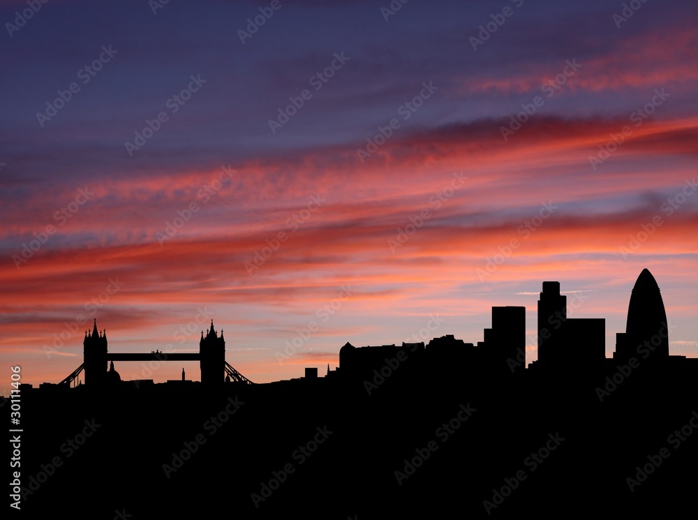 London skyline at sunset with beautiful sky illustration