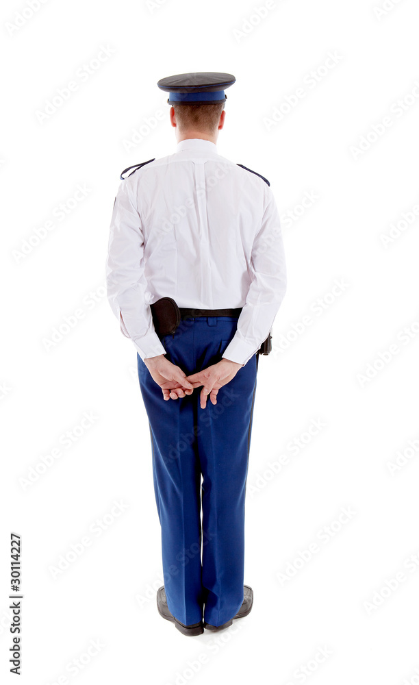 Fototapeta premium Dutch police officer from behind over white background