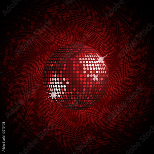 Red disco ball and swirling halftone background
