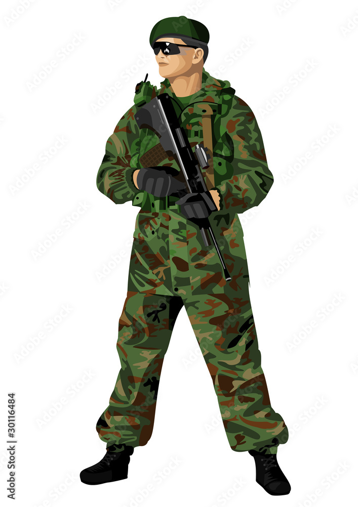 The soldier holding a rifle. Highly detailed image. The soldier holding a rifle. Highly detailed image.
