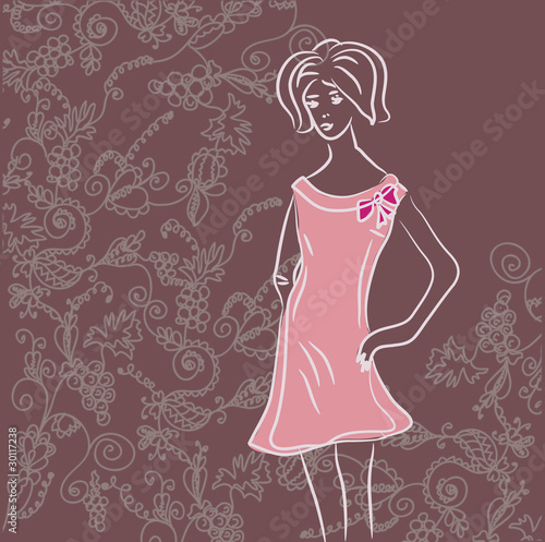 Fashion girl sketch on the floral background