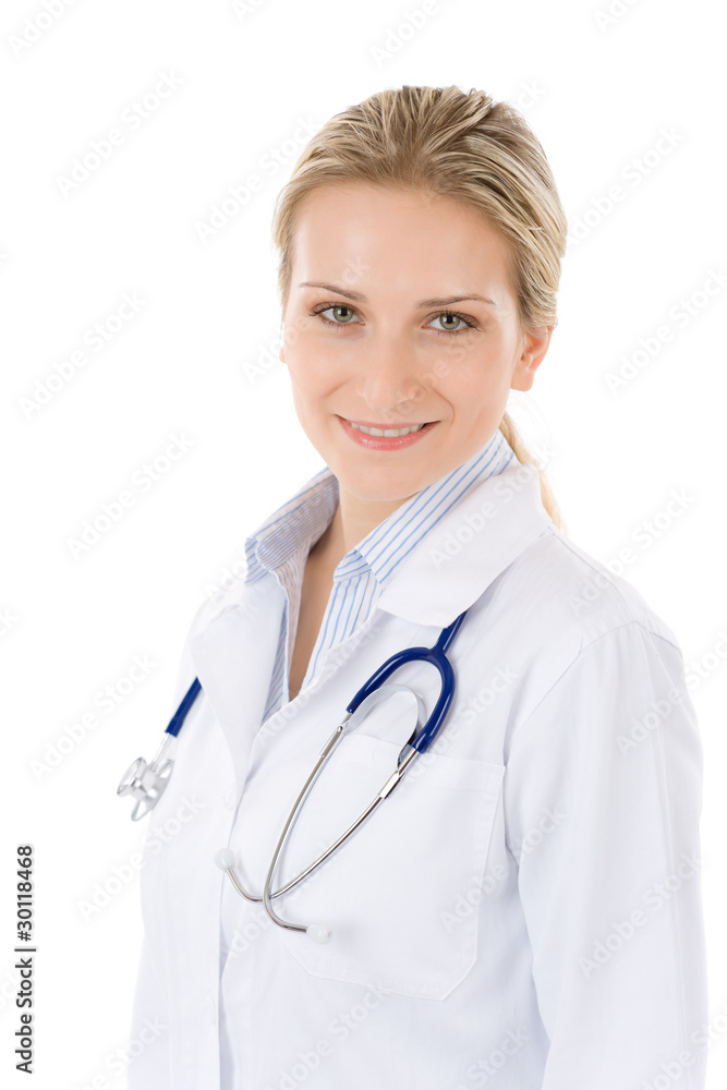 Young female doctor with stethoscope on white Young female doctor with stethoscope on white