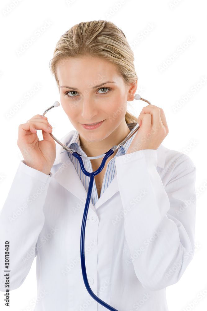 Young female doctor with stethoscope on white Young female doctor with stethoscope on white