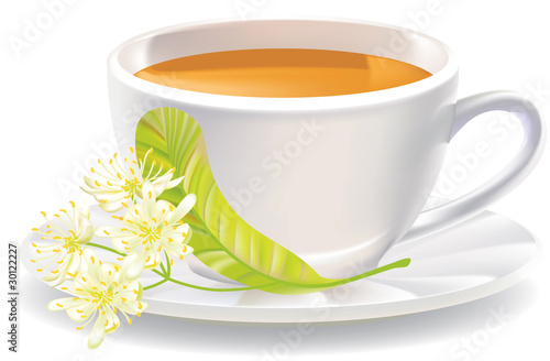 Linden flowers and a cup of tea. Vector illustration.