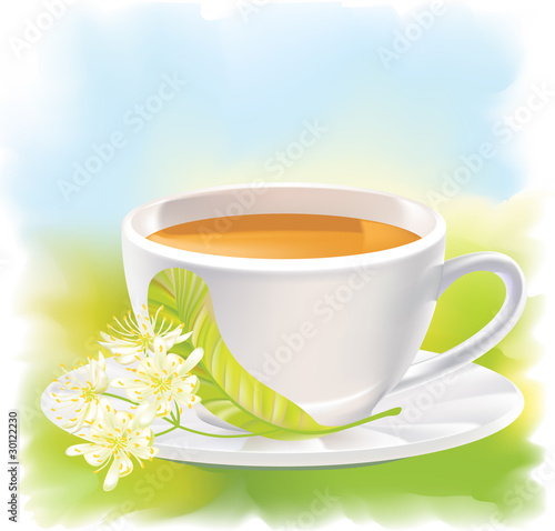 Linden flowers and a cup of tea. Vector illustration.