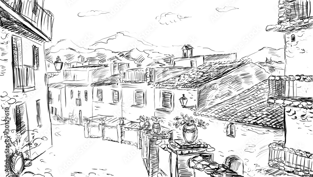 Drawing to the greek town-sketch