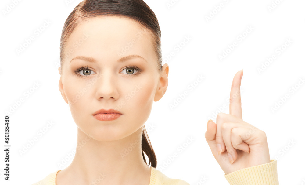 woman with her finger up. woman with her finger up.