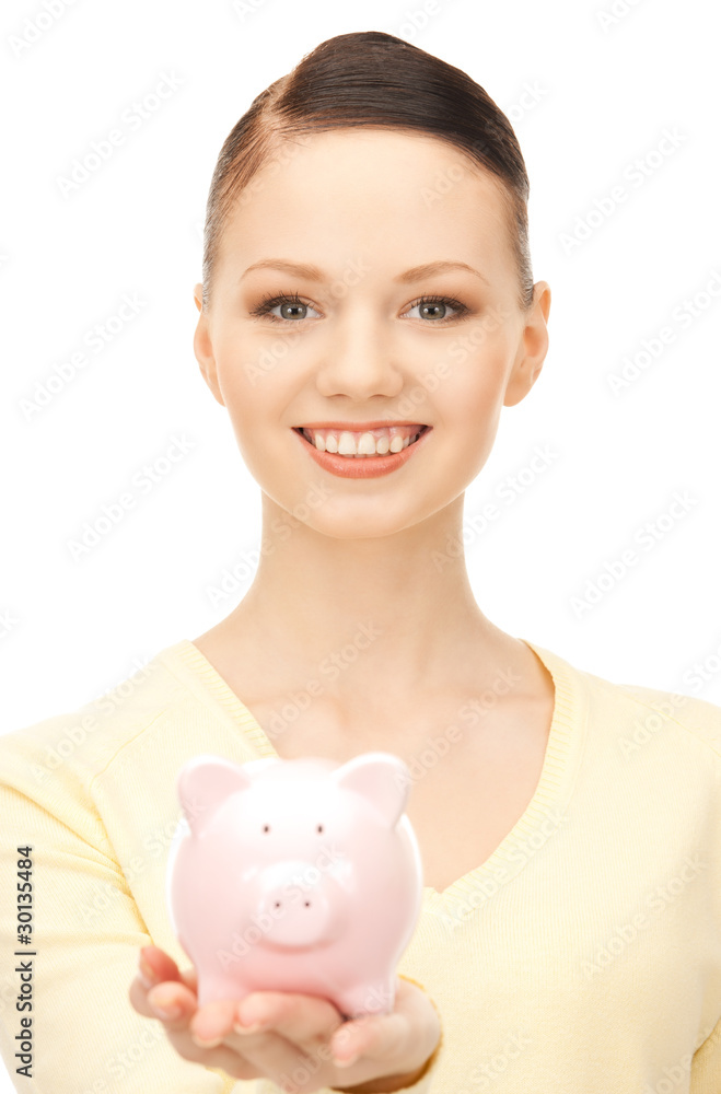 lovely woman with piggy bank. lovely woman with piggy bank.