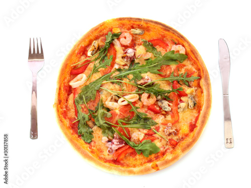Pizza and fork isolated on white