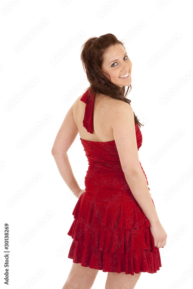 Brunette woman in red dress back Brunette woman in red dress back