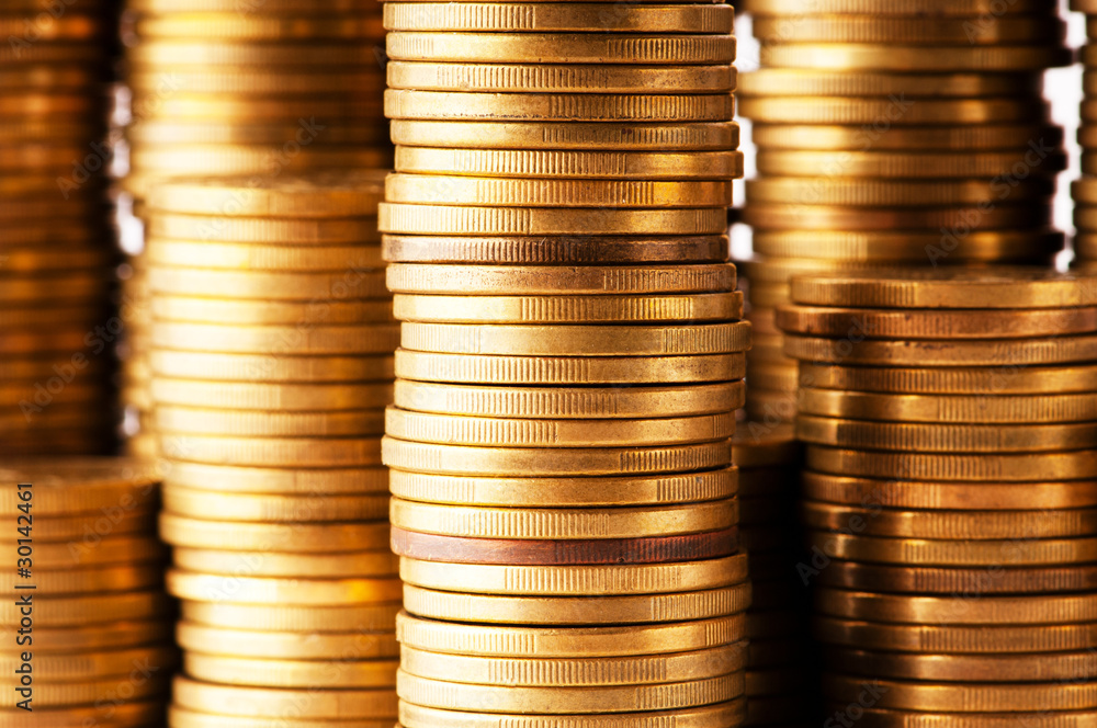 Close up of the golden coin stacks Close up of the golden coin stacks