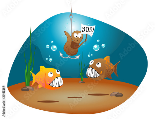 vector illustration of hungry fishes and worm with a tablet