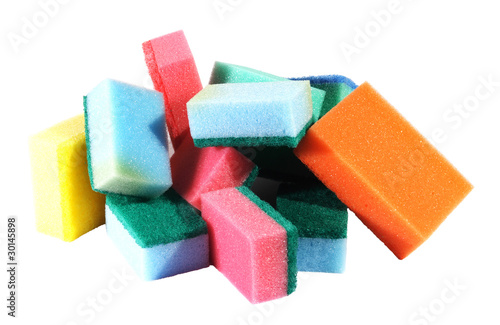 heap of coloured bath sponge, sponge