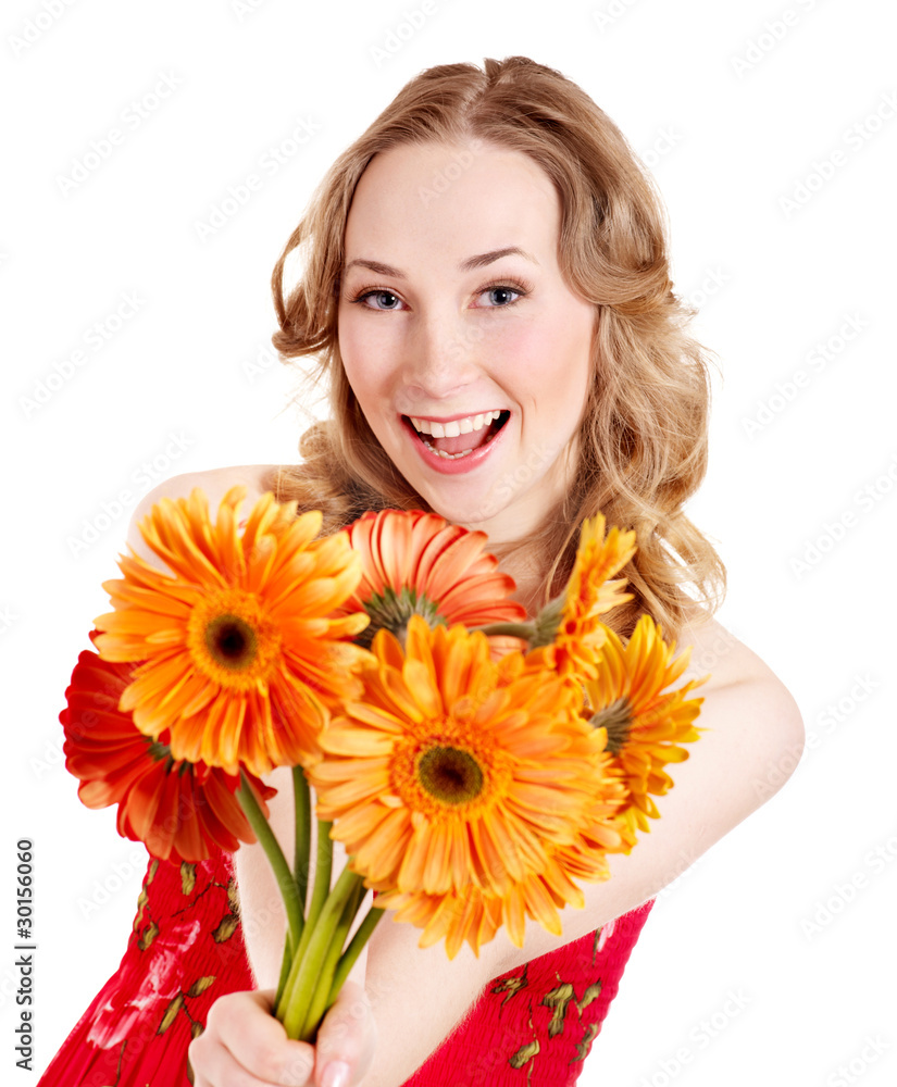 Happy young woman giving flowers. Happy young woman giving flowers.