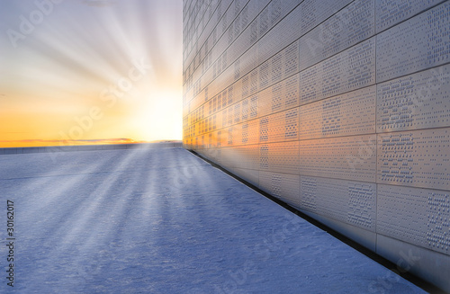 Fragment of the National opera in Oslo in sunset rays