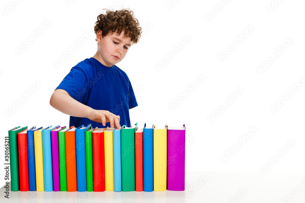 Boy counting books isolated on white background Boy counting books isolated on white background