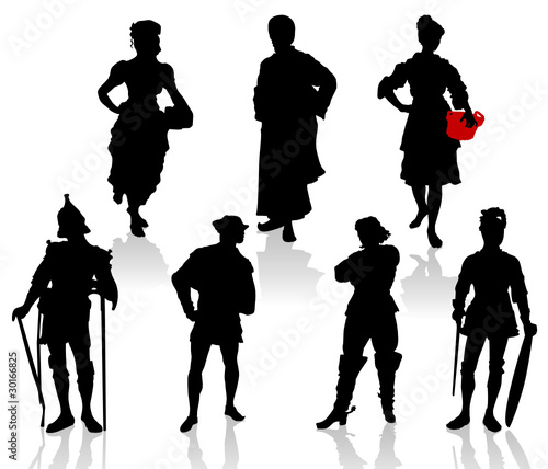 Silhouettes of the actors in theatrical costumes.
