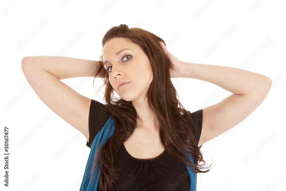 Brunette expression serious hands up Brunette expression serious hands up