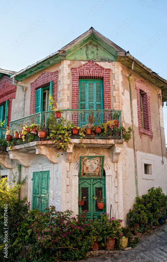 Old vintage house decorated with colorful plants