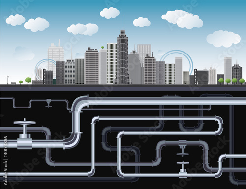 An imaginary big city with skyscrapers, blue sky,trees and tubes