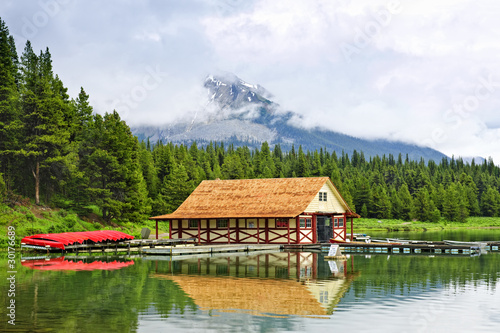 Boathouse on mountain lake