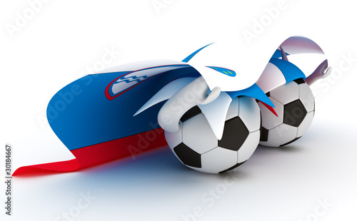 Fototapeta Naklejka Na Ścianę i Meble -  Two soccer balls hold Slovenia flag
