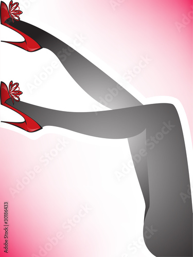 female legs in red shoes on a pink background