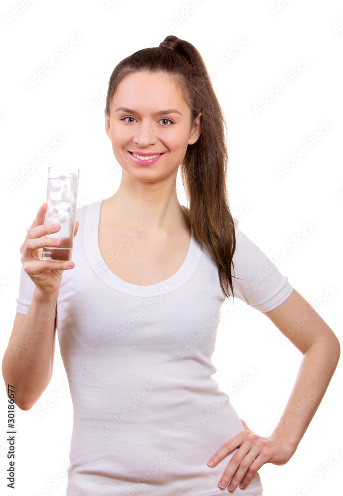 Young woman with glass of water isolated on white Young woman with glass of water isolated on white