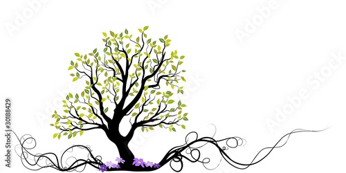 green vector tree with root and flowers - illustration