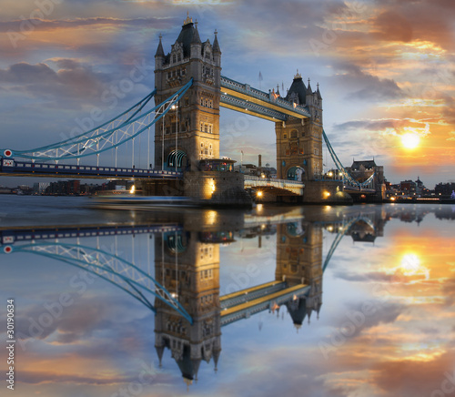 Tower Bridge at night in  London, UK