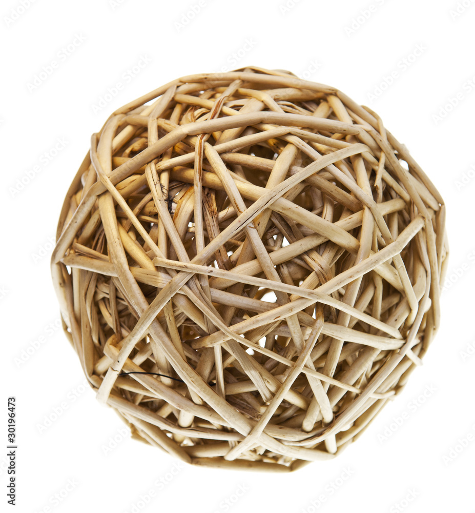 Woven wicker or rattan ball isolated on white - obrazy, fototapety, plakaty 