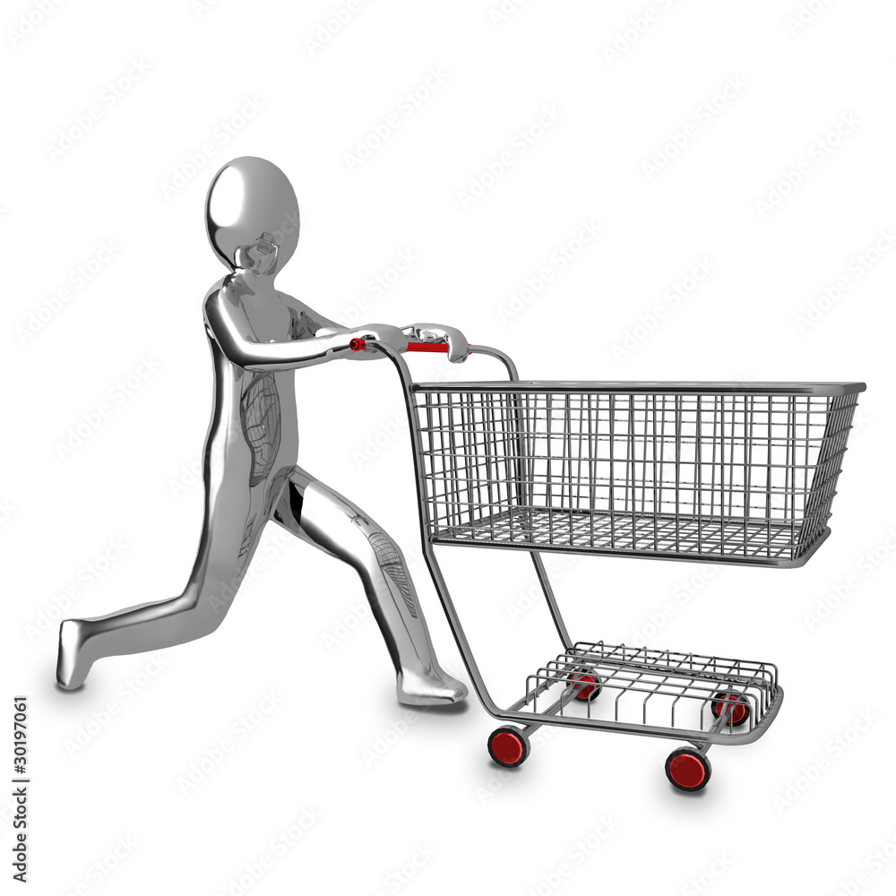 3D Business chrome man human shopping cart icon 3D Business chrome man human shopping cart icon