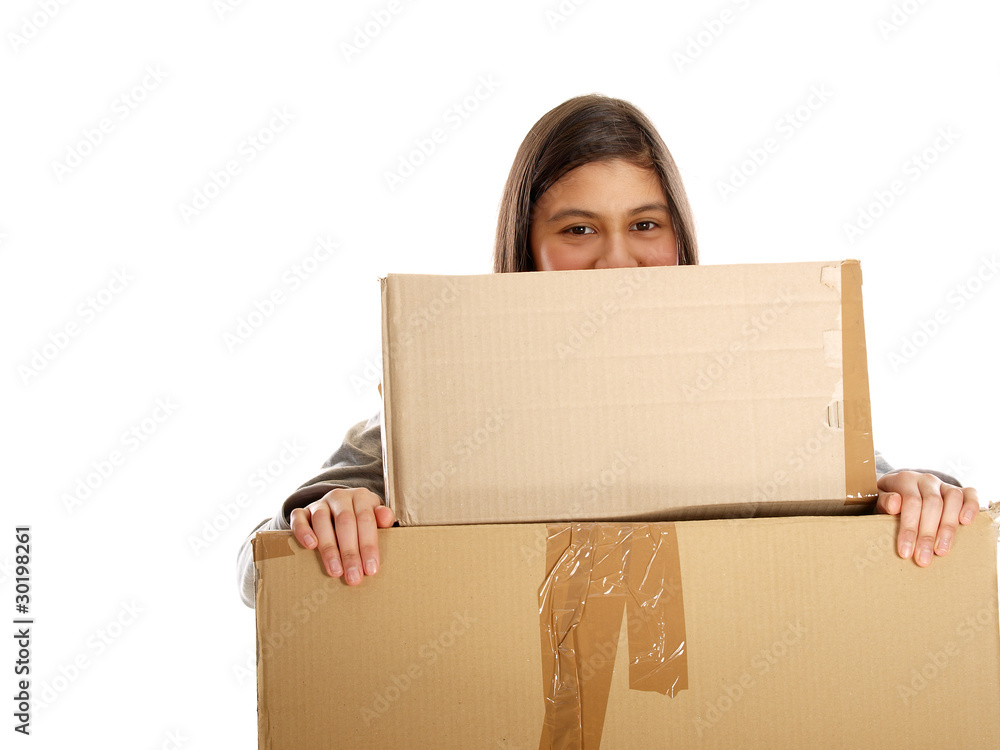 teenage girl behind a pile of carton boxes teenage girl behind a pile of carton boxes