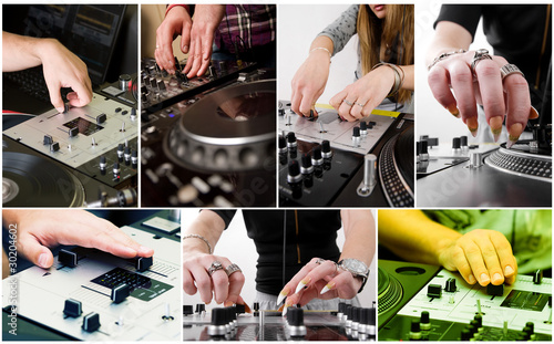 Collage with hands of djs photo