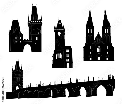 Silhouettes of famous buildings and landmarks of Prague.