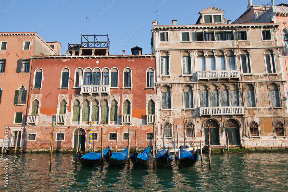 goldola boat parking in grand canal Venice Italy