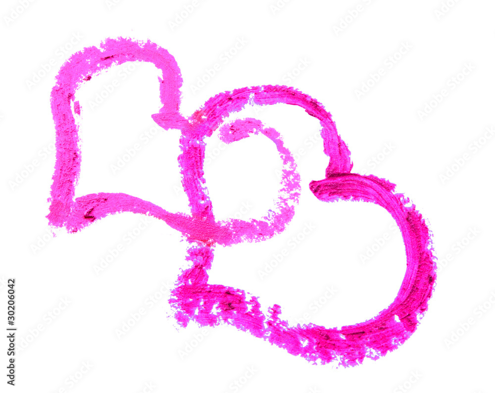Two hearts drawn with lipstick on a white background Two hearts drawn with lipstick on a white background