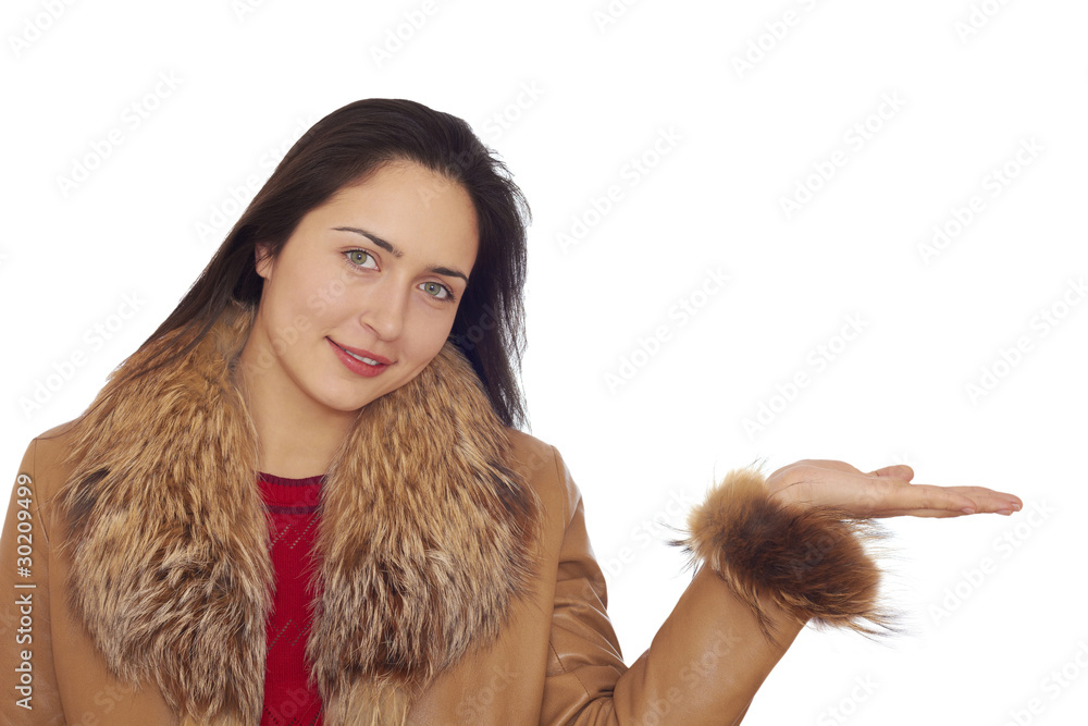 Pretty young brunette woman stretching her hand to the side, pal Pretty young brunette woman stretching her hand to the side, pal