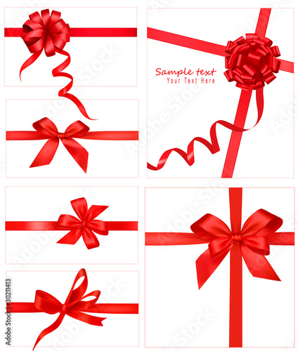 Big set of red gift bows with ribbons. Vector.