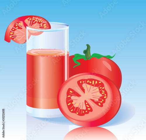 Fresh tomato and fresh tomato juice in a glass