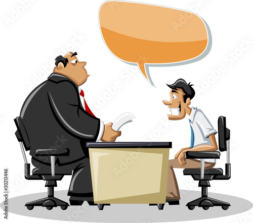 Cartoon man talking with his boss in office. Speech bubble.