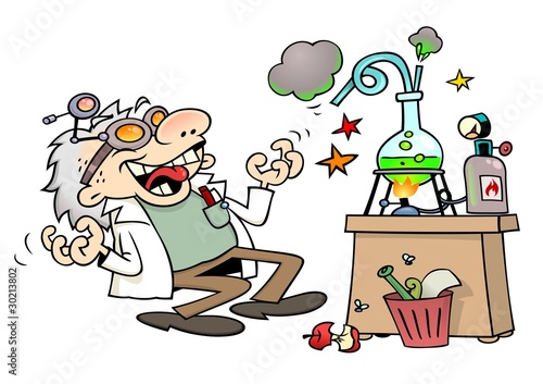 Mad scientist laughing insanely by his laboratory desk