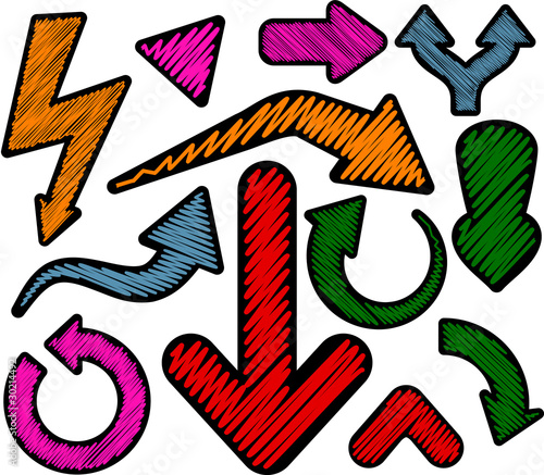 Scribbled color arrows set.