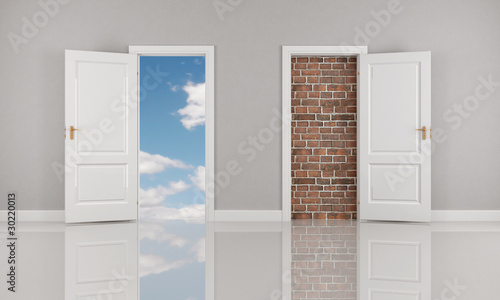 Photo brick wall and blue sky  behind two open white door