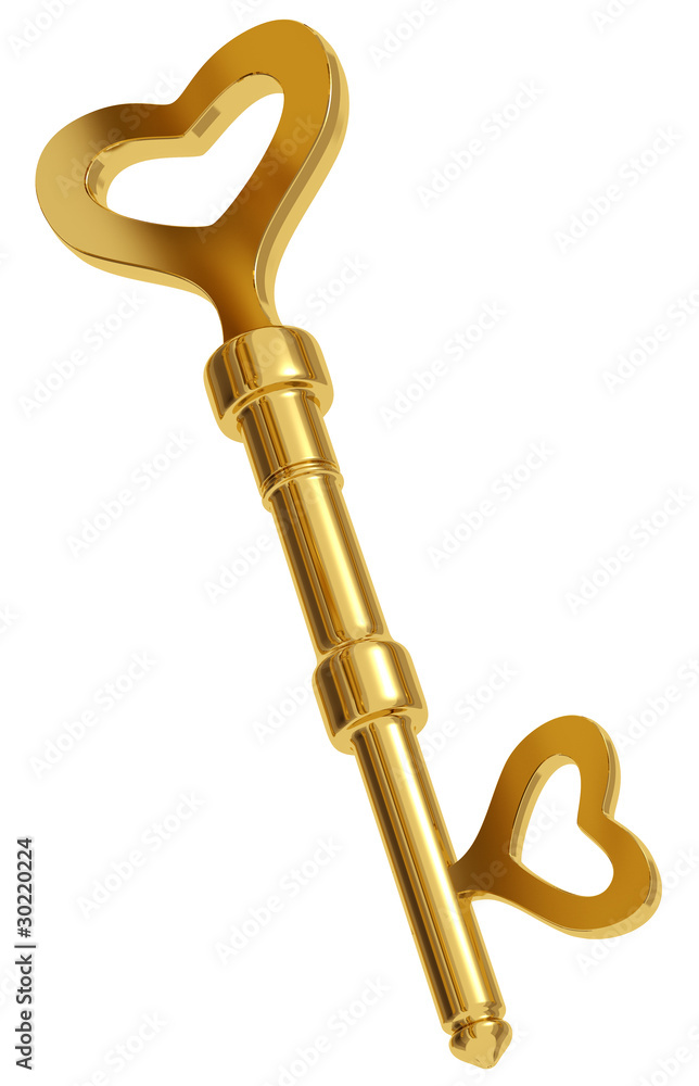 Gold heart shaped key isolated on white background. 3d Gold heart shaped key isolated on white background. 3d