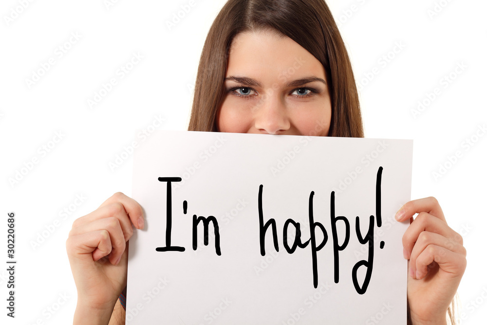 cheerful teen girl holding message 